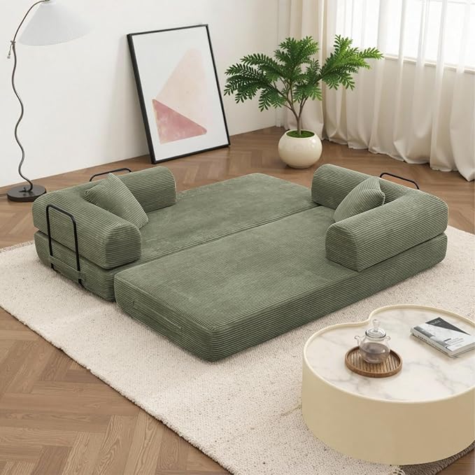 Rovibek 4-in-1 Convertible Sleeper Sofa Bed Queen Size, Foldable Floor Couch Corduroy, Folding Futon Sofa Beds with Pillow and Fixed-Shape Frame, Suitable for Living Room, Bedroom, Lounge, Light Green
