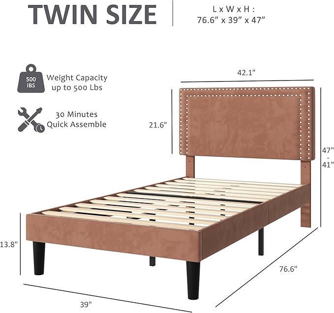 VECELO Platform Bed Frame Twin Size with Adjustable Upholstered Headboard, Strong Wood Slat Support, No Box Spring Needed, Easy Assembly
