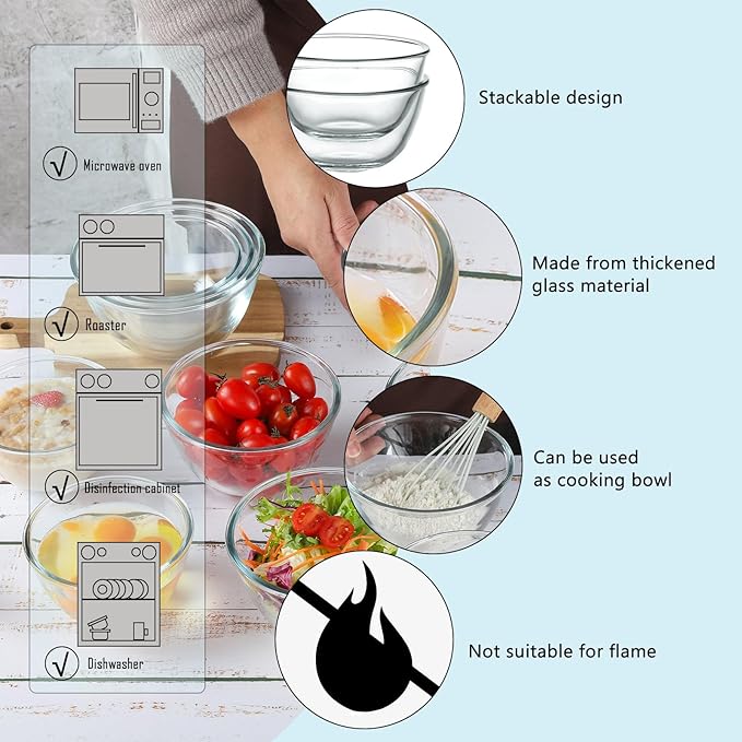WHJY 3 Pack of Glass Cereal Bowls 5 Inches Glass Mixing Bowls for Kitchen Clear Glass Serving Bowls for Salad Pasta Soup Cereal