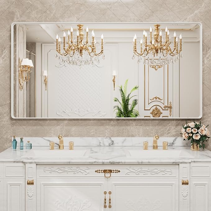 LOAAO 72x36 Inch White Metal Framed Bathroom Mirror for Wall, White Bathroom Vanity Mirror Farmhouse, Large Rounded Rectangle Mirror, Anti-Rust, Tempered Glass, Hangs Horizontally or Vertically
