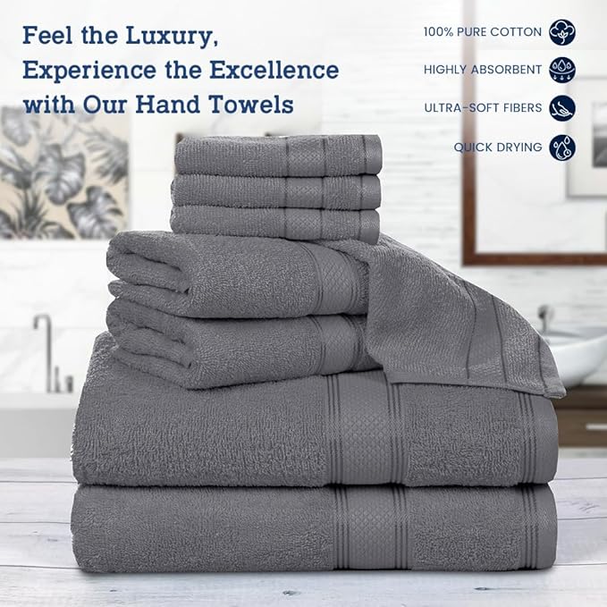 Casa Lino Bath Towel Set of 8 (2 Bath Towels, 4 Wash Cloths & 2 Hand Towels for Bathroom) - 100% Cotton - Highly Absorbent & Quick Dry - Guest Room Essentials for Bathroom Set - (Charcoal Black)