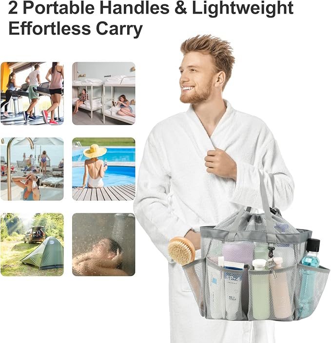 F-color Mesh Shower Caddy Portable with Drawstring - Upgrade Deeper 7 Pockets Dorm Room Essentials for Guys Girls with S Hook, Shower Bag Basket Tote for College Camping Toiletry Bathroom, Grey