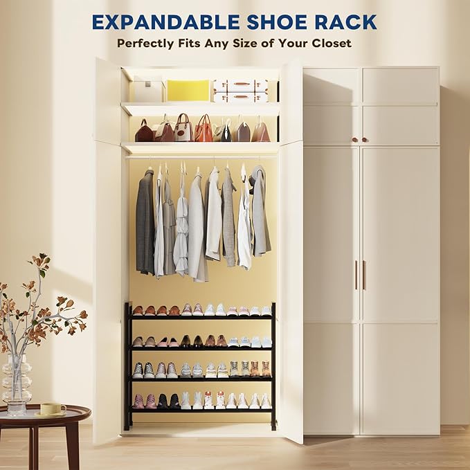 Mavivegue Expandable Shoe Rack, 4-Tier 19"-43.3" Adjustable Shoe Rack for Closet,Hall Entryway,Front Door,Garage, Sturdy Steel Space-Saving Rack, Black