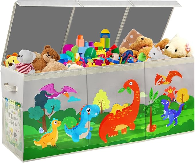 Extra Large Toy Box Chest with Lids, Collapsible Toy Storage Organizer for Kids, Dinosaur Toy Bin Box for Toddlers Boys Girls, Toy Organizer for Living Room Nursery Playroom Bedroom Home Grey