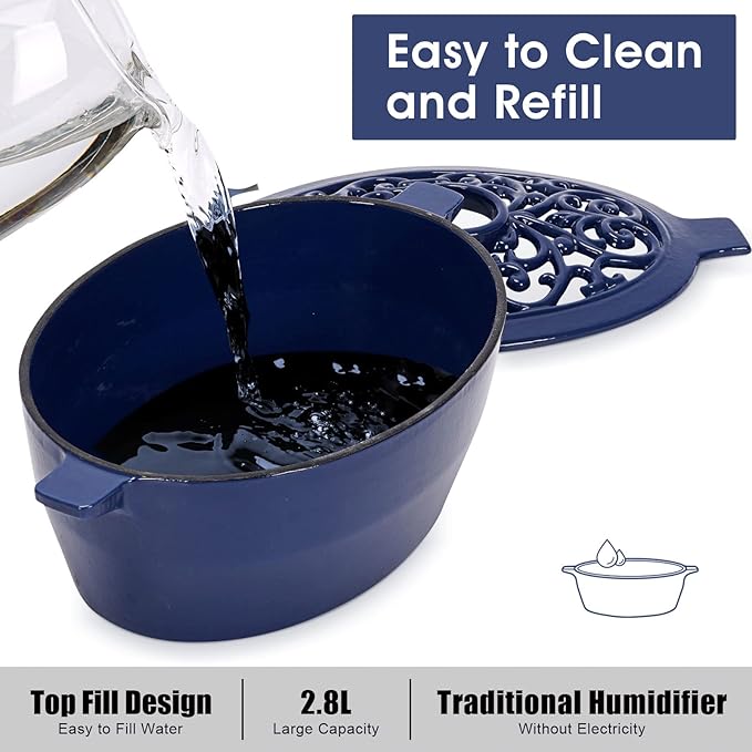 Wood Stove Steamer, Cast Iron Humidifier for Stove, Home Indoor Decorative, Blue Finish, Rust Resistant, Lattice Top, 2.5 Quart Capacity, Patented
