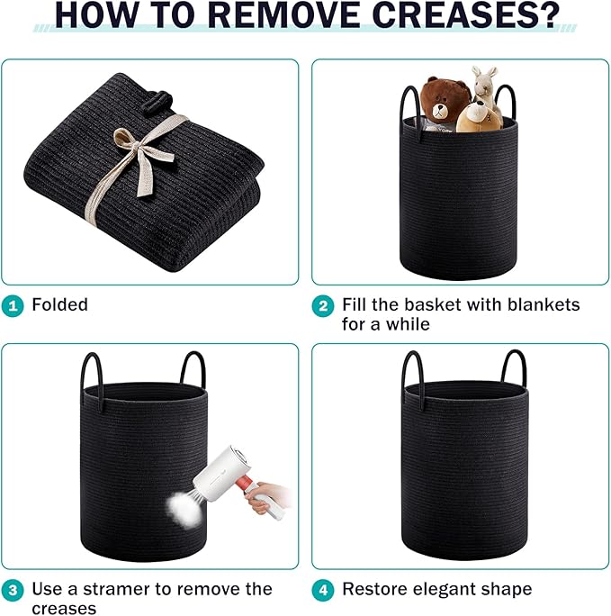 Woven Rope Laundry Hamper Basket, 72L Tall Luandry Basket, Baby Nursery Hamper for Blanket Storage in Bedroom-Large- Black