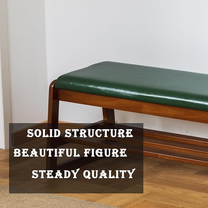 latifolia Solid Wood Bench, Entryway Shoe Bench with Cushion, 2 Tier Shoe Storage Organizer for Hallway, Living Room(Green,39.70''L)