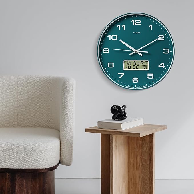 Wall Clock, 14" Large Dial Non-Ticking Silent Battery Operated Analog with LCD Display for Perpetual Calendar and F° Temperature, Ideal Modern Home, Bedroom, Kitchen, Office Decor(Green)