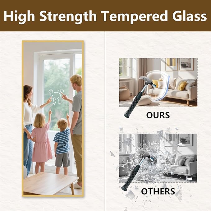 Koonmi Large Mirrors, 64"x21" Full Length Mirror with Stand, Full Body Mirror with Aluminum Alloy Frame, Hanging or Leaning Against Wall Floor Standing Mirrors for Bedroom Living Room, Gold