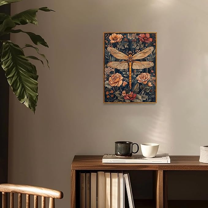 Djmwtb Framed Vintage Wall Art, Dragonfly Wall Decor,Nature Botanical Wall Art for Bedroom, Flower Pictures Paintings Canvas Artwork Prints for Living Room 16x24in