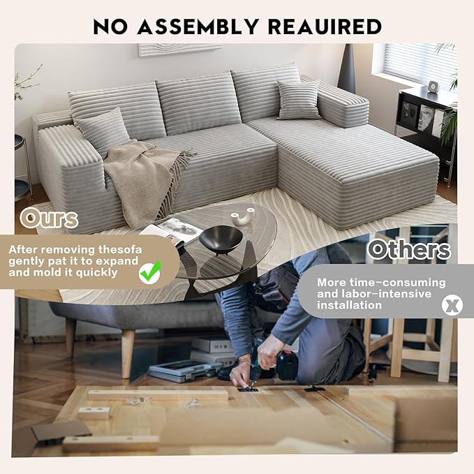 107.5" Cloud Sectional Couch with L-Shape Chaise,Modern Modular Sofa with Deep Seat, Upholstered Couches for Living Room Bedroom Apartments,No Assembly Required, (Grey,Right Facing Chaise)