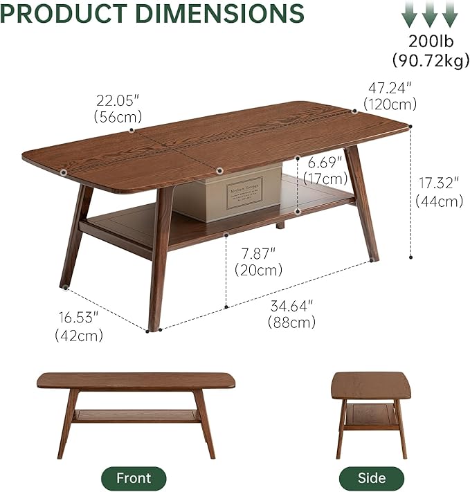 100% Solid Wood Coffee Table for Living Room, Mid Century Modern Small Tables with Shelf Storage, Storage Coffee Table with Rounded Corners (Oak Wood Walnut Color, 47.24" L)