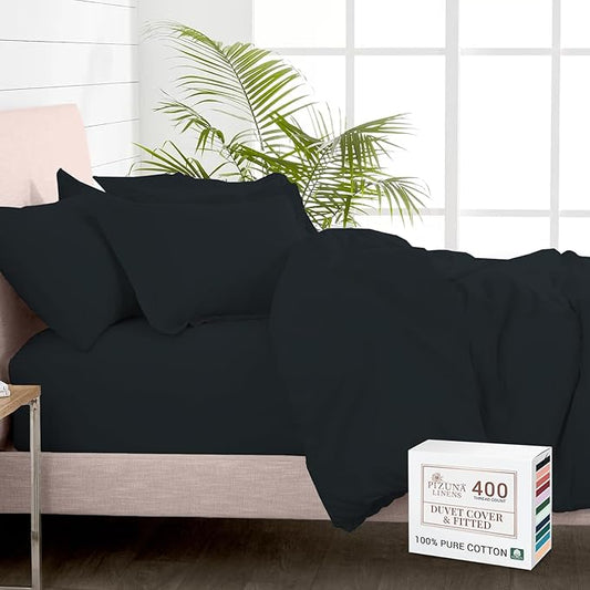 Pizuna 100% Cotton Twin 2 Pc Duvet Cover + 1 Pc Fitted Sheet Set 400 Thread Count Black Sateen Weave Luxurious Long Staple Cotton 4 Piece Bedding Set - 1 Duvet Cover, 1 Pillow Sham, 1 Fitted Sheet