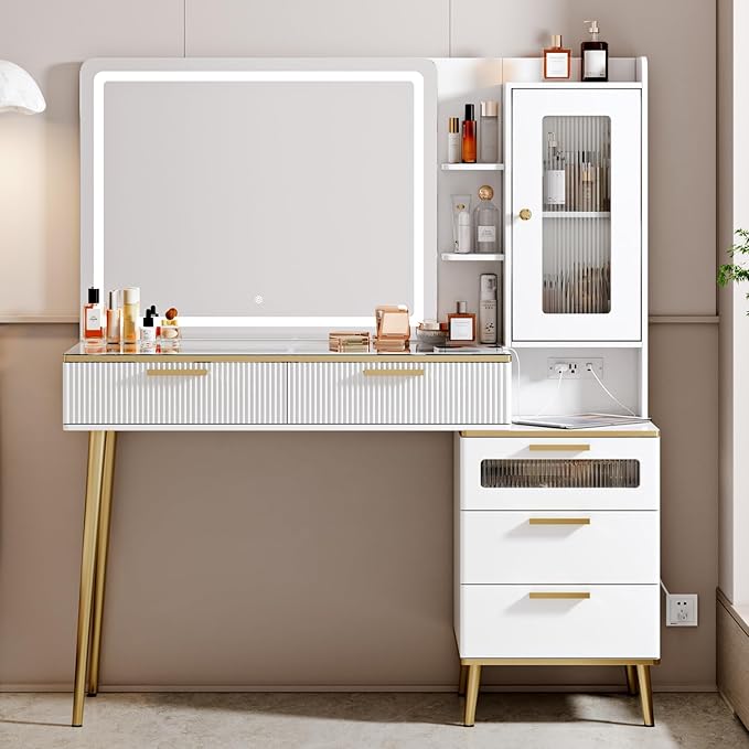 Vanity Desk with 29.53" HD Lighted Mirror, 47.24" Big Modern Vanity Desk with Mirror and Lights, Makeup Vanity with 5 Drawers and Storage Shelves and Charging Station, White