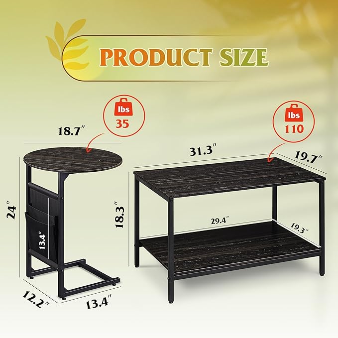 WLIVE Coffee Table, 31.3" and 18.7" Small Coffee Tables for Living Room, Modern Center Table and Side Table Set with Storage Side Pouch for Bedroom, Apartment, Charcoal Black