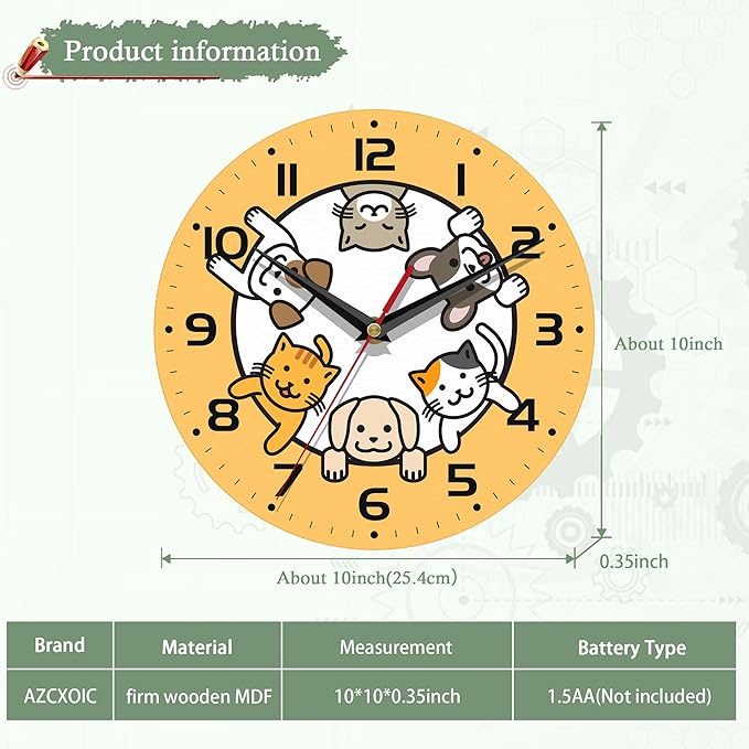 Wall Clocks,Dogs Circle Space Wall Clock Decorative,Cats Kitchen Wall Clock Battery Operated - 10 Inch Round Bathroom Clocks Silent Non-Ticking