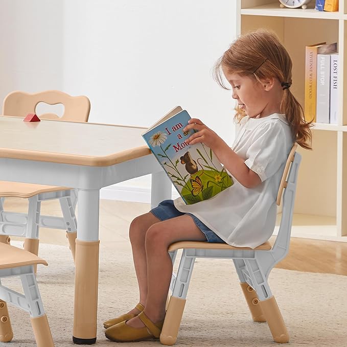 Height-Adjustable Kids Table and 4 Chairs Set, Toddler Table and Chair Set with Graffiti Desktop, 31.5''L x 23.6''W Children Activity Table for Daycare, Classroom, Home