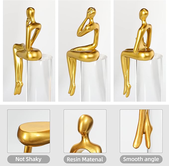 Thinker Statue Gold Decor Abstract Art Sculpture, Golden Resin Collectible Figurines for Home Living Room Office Shelf Decoration,Great Gifts Ideas (Sitting Posture-Gold)