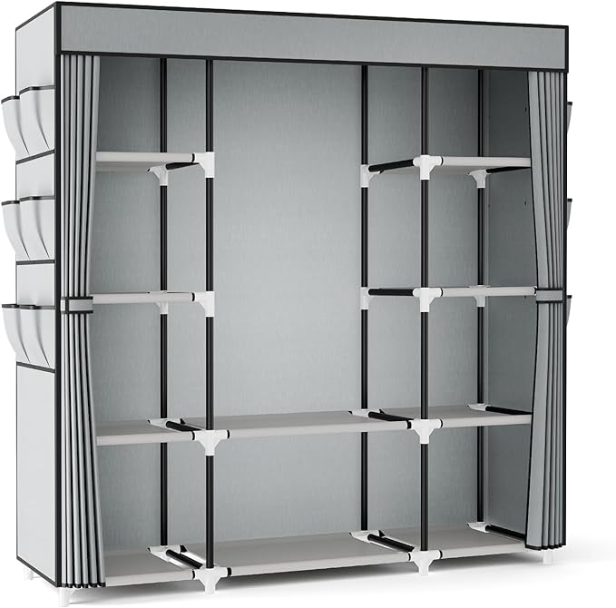 VTRIN Portable Closet Wardrobe for Hanging Clothes 57.3 Inch Large Capacity Clothes Rack with Cover, 10 Storage Organizer Shelves, 1 Hanging Rods and 6 Pockets, Free Standing Closet for Bedroom, Grey