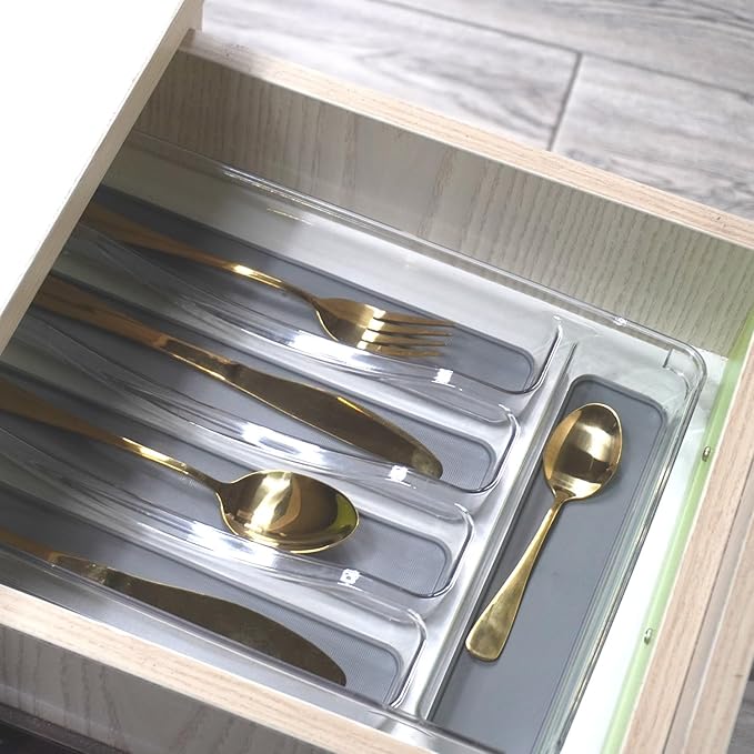5 Compartments Silverware Tray for Drawer, Plastic Utensil Cutlery Drawer Organizer w/Grip Lining (Clear&Grey)
