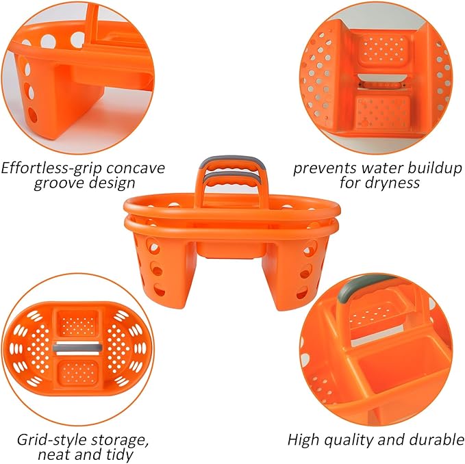 Large Shower Caddy Portable 2PC - Made in USA Plastic Jumbo Size Dorm Storage Candy Tote with Handle Shower Organizer for Bathroom, Pantry, Kitchen, College Dorm, Orange