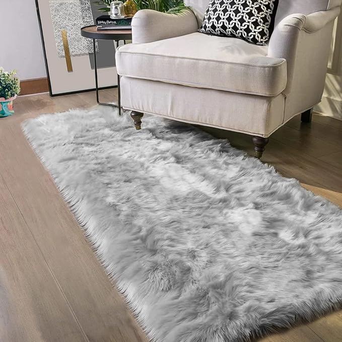 Latepis Runners 2x6 Grey Fur Faux Sheepskin Rug Washable Gray Area Rug Fluffy Fuzzy Rugs for Bedroom Runner Cushion Room Décor, Runner