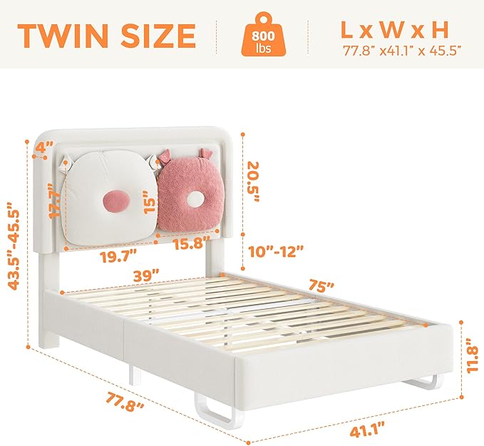 Twin Size Upholstered Bed Frame with LED Lights, Girls Bed with Adjustable Chic Double Headboard, Boucle Princess Platform Bed for Kids/Girls, Solid Wood Slats Support, No Box Spring Needed, Beige