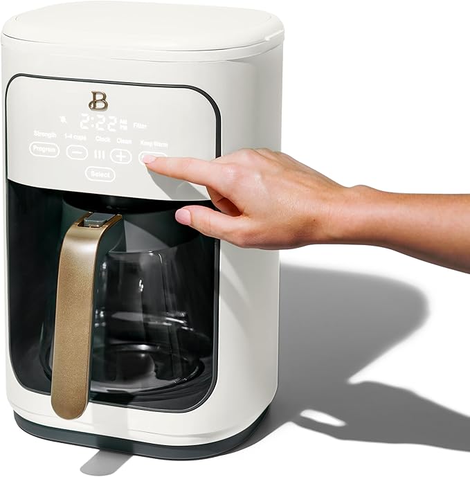 Beautiful Coffee Maker, 14-Cup, Touch Display, Programmable, 1200W, Stainless Steel, Keep Warm, 24h Timer dishwasher-safe (White Icing)