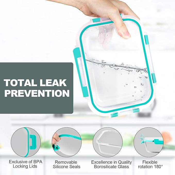 VERONES 10Pack Glass Meal Prep Containers, Airtight Glass Lunch Containers,Stackable Glass Food Storage Containers Set with Lids,Exclusive of BPA, for Microwave,Oven, Freezer&Dishwasher Friendly,Green