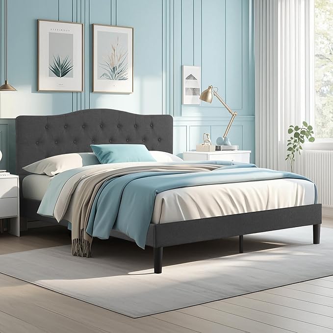 VECELO Queen Size Bed Frame Upholstered Platform with Tufted Adjustable Headboard/Mattress Foundation with Wood Slat Support, Easy Assembly