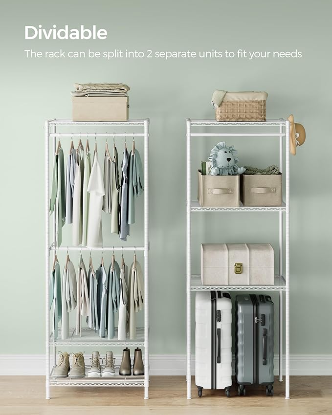 SONGMICS Portable Wardrobe Closet Heavy Duty Clothes Rack, Freestanding Closet Organizer, Metal Garment Rack with Adjustable Wire Shelves, Hanging Rods, Hooks, Dividable, Cloud White ULGR431W01