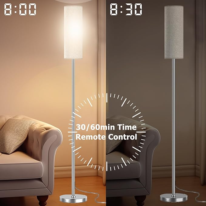 Floor Lamp for Living Room Bedroom, Modern Floor Lamp with Remote,Stepless Dimmable,Nickel Pole and Beige Linen lampshade (12W Bulb Included)