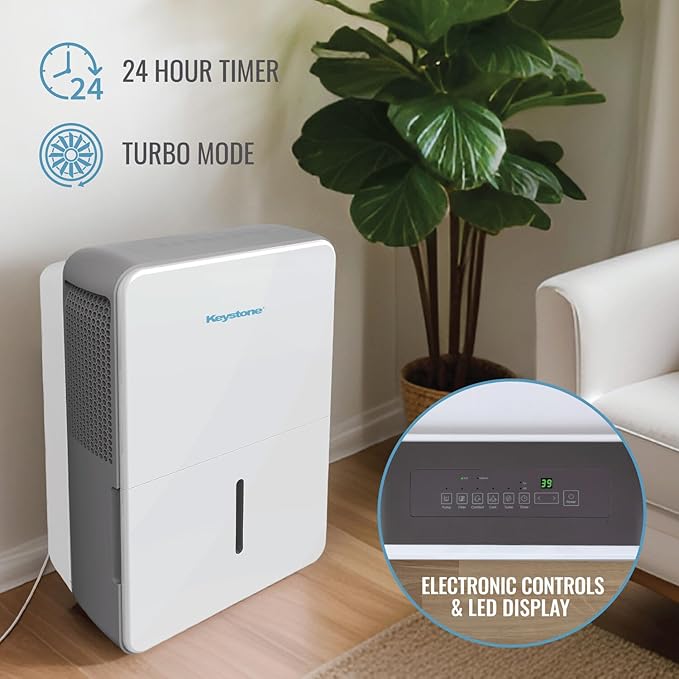 Keystone Energy Star 50-Pint Portable Dehumidifier, 115V, Extra Large Rooms up to 4,500 Sq.Ft. with Built-in Pump, Quiet Home Dehumidifier and Moisture Absorber
