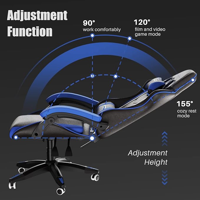 Gaming Chair High Back, Ergonomic Computer Gamer Chair with Headrest and Lumbar Support, Racing Style Reclining Game Chair for Adults, Kids (Blue-Black)