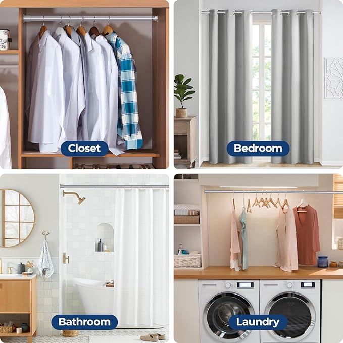 Mavivegue Closet Rod, 17 to 99 Inch Adjustable Closet Rods for Hanging Clothes, Silver Hanging Rod for Closet Wardrobes Laundry RV, Bathroom