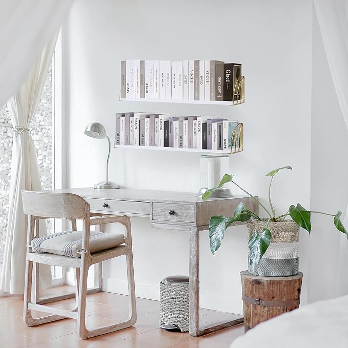 White Wall Bookshelf Pine Wood Large 31.5×7.87 Inch White and Gold Floating Shelves with Elegant Lines,Floating Book Shelves for Wall,White Gold Shelves,Floating Bookshelves Set of 2.