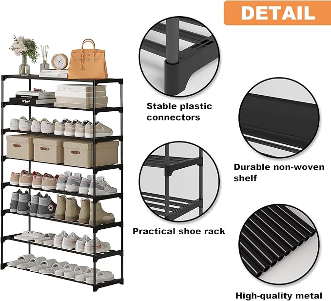 Calmootey 8-Tier Shoe Rack, Tall Large Capacity 40 Pairs Shoes Storage Organizer, Stackable Wide Shoe Shelf for Entryway, Hallway, Black