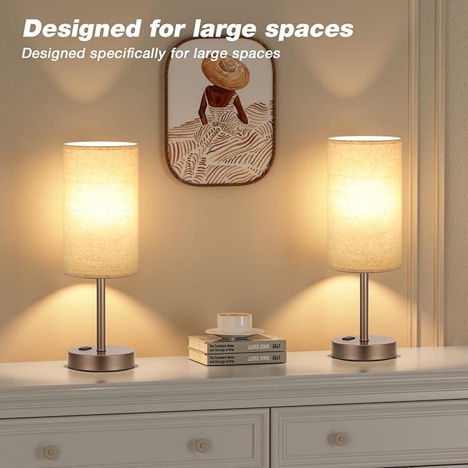 Touch Table Lamp - Beige, 3-Way Dimmable, USB A + C Charging, AC Outlet, 17.4inch Medium, Brown Metal Base