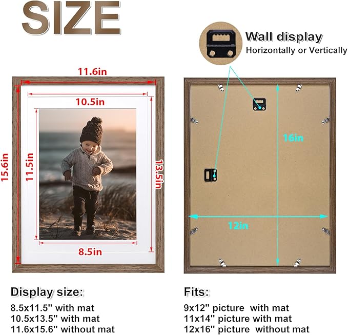 KINLINK 12x16 Picture Frame Rustic brown, Solid Wood Frames with Acrylic Plexiglass for Pictures 11x14/9x12 with Mat or 12x16 without Mat,Wall Display Photo Frame, Set of 4