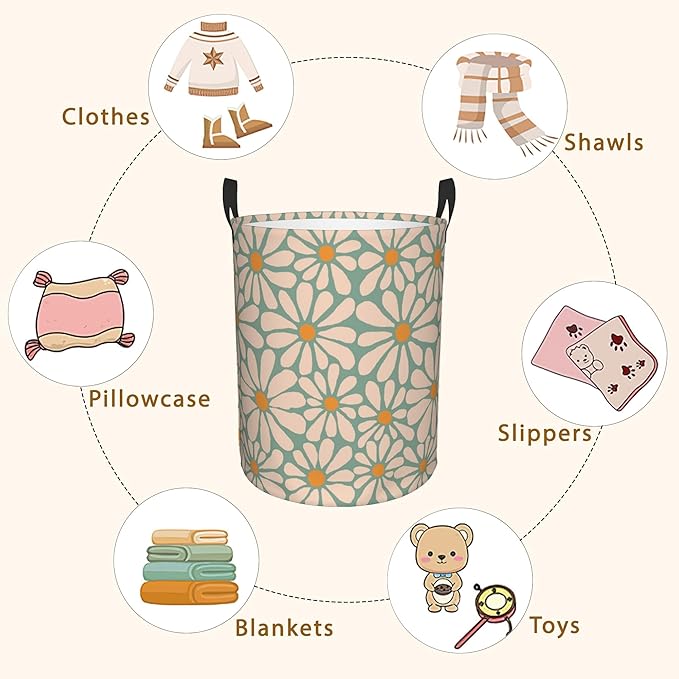 Abstract Daisy Flower Retro Groovy Flowers Laundry Basket,Waterproof Laundry Hamper,Collapsible Organizer Basket for Storage Bin Toy Bins, Dirty Clothes Laundry Basket for Living Room/Bathroom