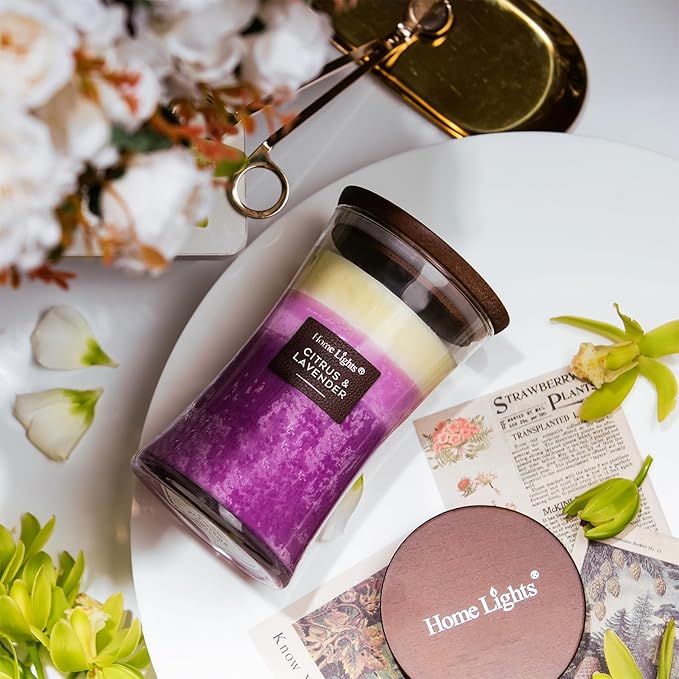 HomeLights 3-Layer Candles for Home Scented, 21.52 OZ Natural Soy Wax Scented Candles Burns Up to 100 Hours, Large Jar, Citrus & Lavender