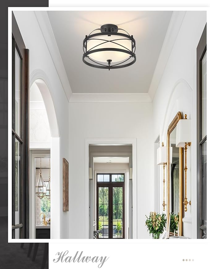 Entryway Drum Light Fixtures, Semi-Flush Mount Rustic Ceiling Light for Hallway Living Room Bedroom Kitchen (Black)