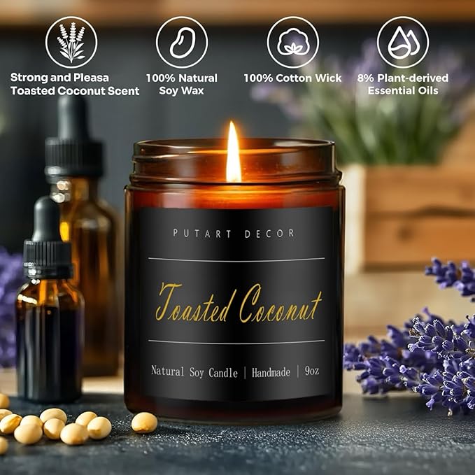 Toasted Coconut Scented Aromatherapy Soy Wax Candle, 9oz, Non-Toxic, Long Lasting, Modern Black Jar