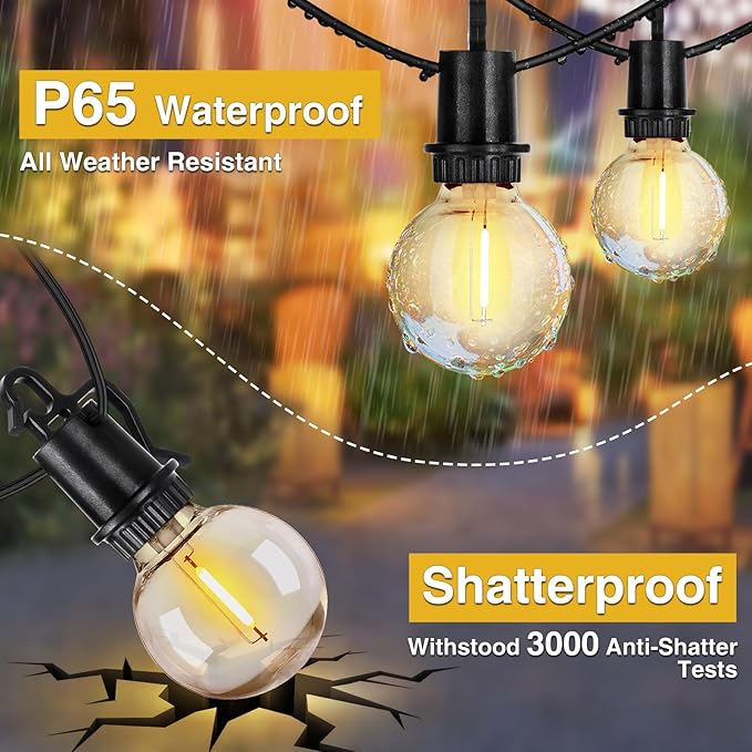 ZJOJO 35FT Solar String Lights Outdoor Waterproof, G40 Globe Patio Lights Solar Powered Outdoor String Lights with 15 2700K Shatterproof Bulbs Hanging Lights for Porch Garden Backyard Pergola Bistro