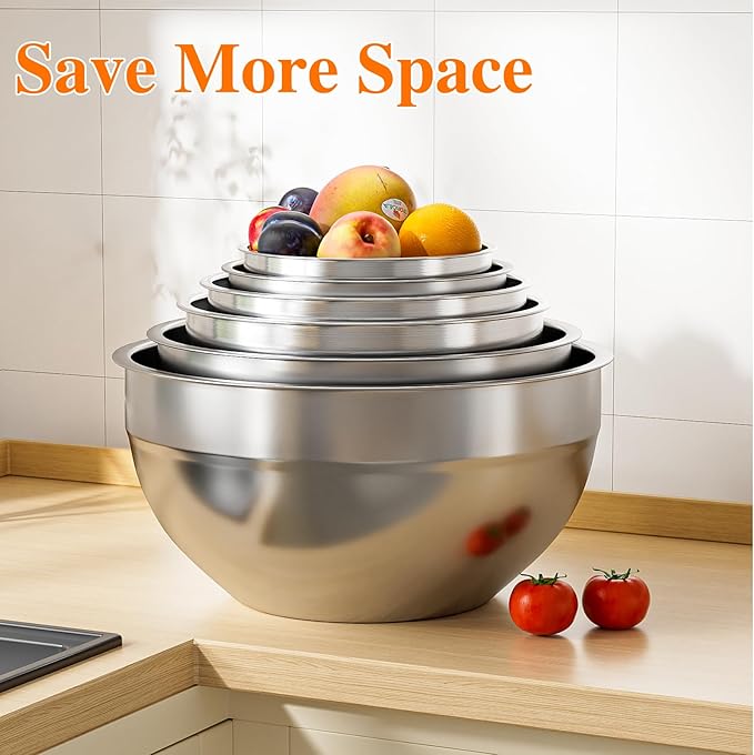Mixing Bowls with Lids Set, 6 PCS Stainless Steel Mixing Bowls with 3 Grater Attachments, Kitchen Food Storage Organizers Nesting Mixing Bowl, Large Size 4.5, 3.5, 2.1, 1.5, 1.1, 0.7QT