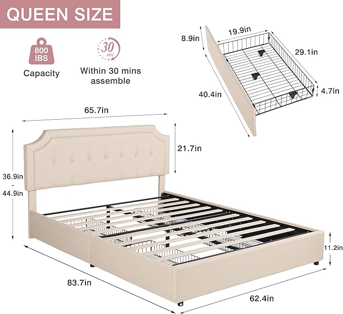 VECELO Queen Size Platform Bed Frame with 4 Storage Drawers,Fabric Upholstered Headboard and Wooden Slats Support,Built-in USB and Type C Ports, No Box Spring Needed,Easy Assembly