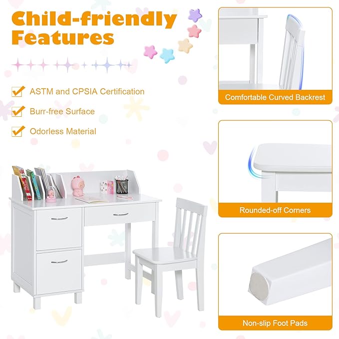 Costzon Kids Desk and Chair Set, Children Wooden School Learning Table w/Drawer & Storage Cabinets, Student Writing Computer Workstation for Bedroom & Study Room, Gift for Ages 3-8 (White)