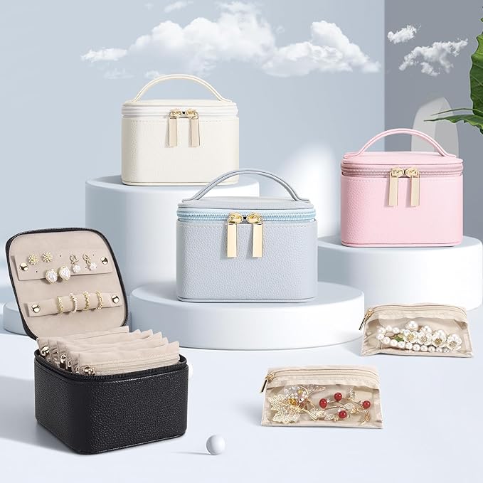 DesignSter Small Jewelry Box, Travel Small Jewelry Organizer with Earring Tray and Ring Holder, Square Travel Jewelry Storage Case with 6 Velvet Jewelry Pouches, Blue Gray