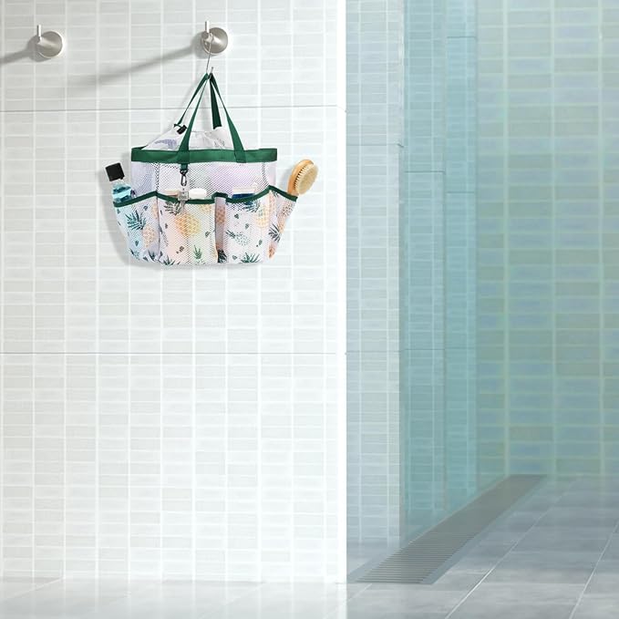 F-color Mesh Shower Caddy Portable with Drawstring - Upgrade Deeper 7 Pockets Dorm Room Essentials for Guys Girls with S Hook, Shower Bag Basket Tote for College Camping Bathroom, Green Pineapple
