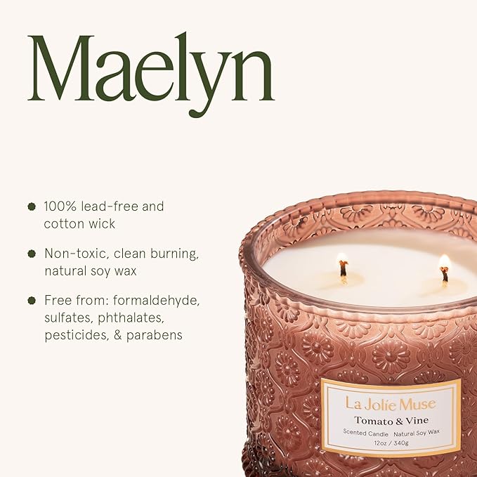 LA JOLIE MUSE Tomato & Vine Scented Candle, Candles for Home Scented, Large 2-Wick Soy Candles, Luxury Jar Candle Gifts for Women & Men, 60 Hours Long Burning, 12oz